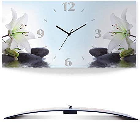 ARTLAND Wanddeko Wanduhr ohne Tickgeräusche Alu Quarzuhr 60x30 cm Rechteckig Lautlos Blumen Lilien Spa Steine Natur Asiatisch Ausgefallen S7LY