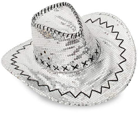 Party Cowboyhut mit Pailletten Cattleman Karneval Saloon Cowboy Discohut Partyhut (Silber)
