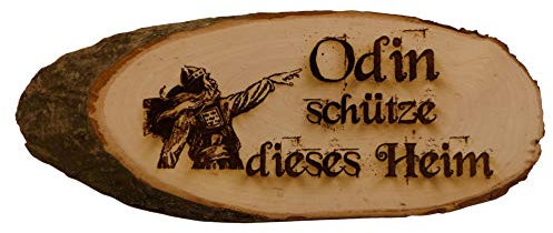 Odin schütze Dieses Heim Baumscheibe Rindenscheibe Spruch Gravur Schild Geschenk Holz Erle unbehandelt + Aufhänger (1001 27-32 cm)