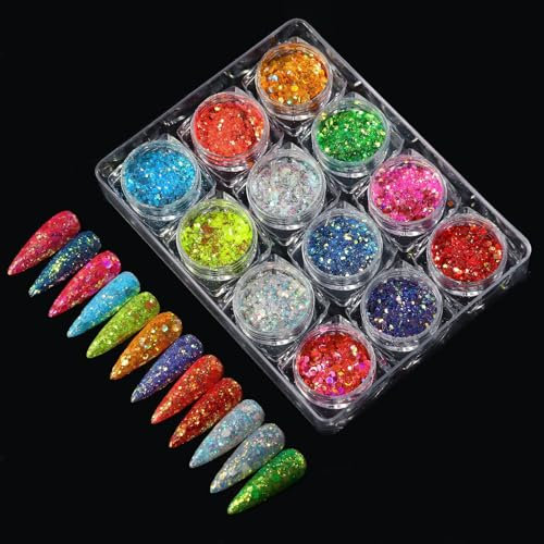 GZMAYUEN Nagel Pailletten Glitzer Set 12Pcs Nagel Glitzerpulver Holographic Nail Glitter Powder Rosa Violett Rote Nagelglitzerpuder Chunky Glitter Sequin für Nägel Gelnägel Flakes Glitzer Nail Art Set