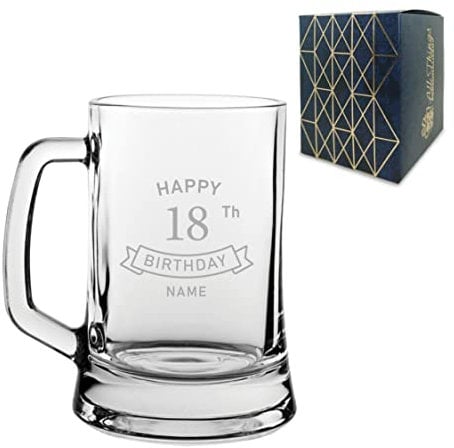 Personalised Engraved Tankard Beer Mug Stein Happy 18th Birthday Banner Design Gift Boxed, 16.75oz/495ml Classic Beer Glass, Any Name, Engraved in The UK