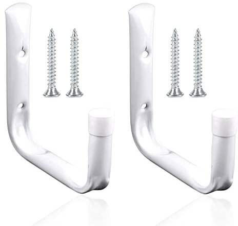 SR ESSENTIALS 2-Pack Wall Mounted Garage Hooks – Heavy Duty Universal Storage Hangers for Bikes, Tools, Ladders, Garden Equipment & Folding Chairs – White Steel Utility Wall Rack with Safety Caps