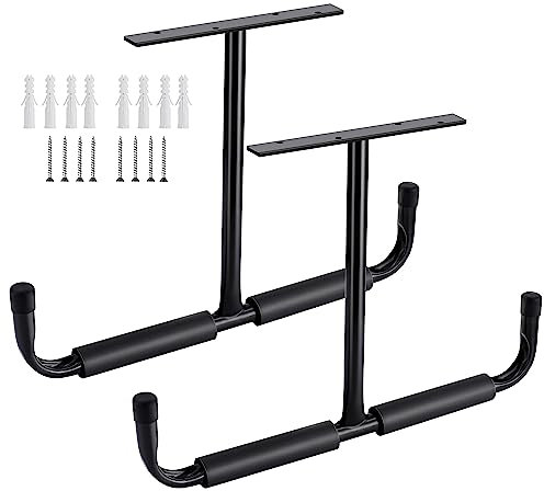 Sinoer Gancho de almacenamiento de techo de garaje de acero, estante de almacenamiento resistente para colgar madera, bicicletas, herramientas, madera, tablas de snowboard, (2 unidades, negro)