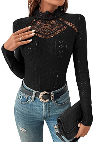 GORGLITTER Damen Bodysuit Elegant Bodies Stehkragen Öse Stickerei Bodys Langarm Body mit Spitzeneinsatz Schwarz M