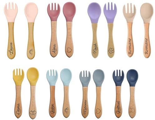 couvert pour bébé personnalisé-enfant fille garçon- en bois et silicone- cadeau naissance personnalisé-cadeau anniversaire bébé-cadeau bapteme personnalisé-couvert pour enfant gravés-motif jungle