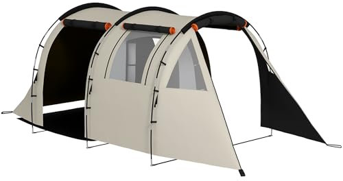Outsunny Tunnelzelt, Campingzelt für 5 Personen, Familienzelt mit 2 Räumen, Seitenfenster, Tragetasche, 3000mm Wasserabweisend, für Garten, Campingplatz, Khaki