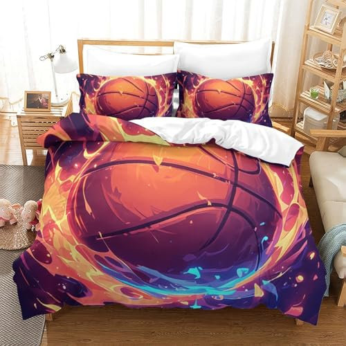 RHUSDIEOD Basketball 3D Gedruckt Bettwäsche Set 3 Teilig Bettbezug Mit Kissenbezug Soft Microfaser Luxus Modern Mit Reißverschluss Für Erwachsene Und Kinder Super King（260x220cm）