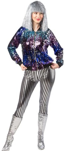 Disco Kostüm Paillettenjacke 80er 90er für Damen Gr. 34-44 Blau Lila Kostüm-Zubehör Blousonjacke mit Reißverschluss Fasching Karneval Mottoparty (34/36)