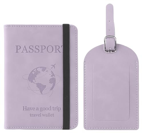 Greyoe Reisepasshülle, Reisepass Organizer, Passport Cover, PU-Leder Reisepass Hülle + Kofferanhänger, für Damen und Herren Urlaub Zubehör Travel Essentials (Lila C, 1)