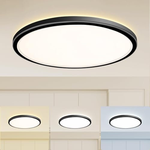 slochi Deckenlampe LED Deckenleuchte Flach 46W, Ø49CM, 3Farben 3000K/4000K/6500K, IP44 Badlampe, 4600LM Modern LED Lampe Decke Küchenlampe für küche Badezimmer Schlafzimmer Flur Wohnzimmer, Schwarz