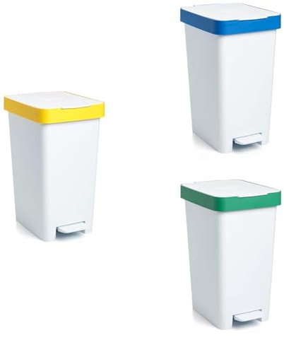 TATAY Cubos de Basura Reciclaje con Pedal Smart 25L | 3 Unidades: Plástico, Cartón y Vidrio | Compactos y Funcionales | Interior y Exterior | Para Bolsas 30L | Plástico Reciclado sin BPA