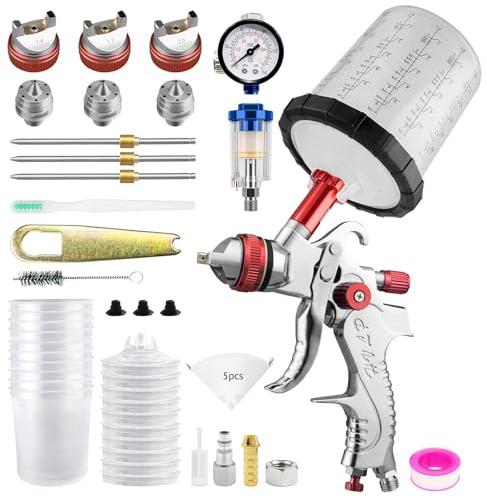 HVLP Lackierpistole Spritzpistole Kit mit 3 Düsen 1,4/1,7/2,0mm & 20 Unzen (650 ml) Einweg-Farbspritzpistolenbecher, Farbpistole Lackierpistole Druckluft, für Möbel, Wand, Zaun, Türen, DIY (Rot)