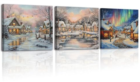 PIY PAINTING 3 Teilig Weihnachten Atmosphäre Wandbilder Mit Rahmen, Schnee Szene Leinwandbilder Wohnzimmer, Wandbilder auf Leinwand Kunstdrucke, Dekorative Gemälde Wanddeko Schlafzimmer Küche 30x30 cm