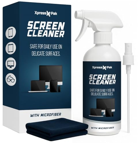 Screen Cleaner Spray Kit (16oz) – Safe Daily Cleaner for Phones, Tablets, Laptops, TVs & Glasses – Includes 2 Spray Nozzles & Microfiber Cloth