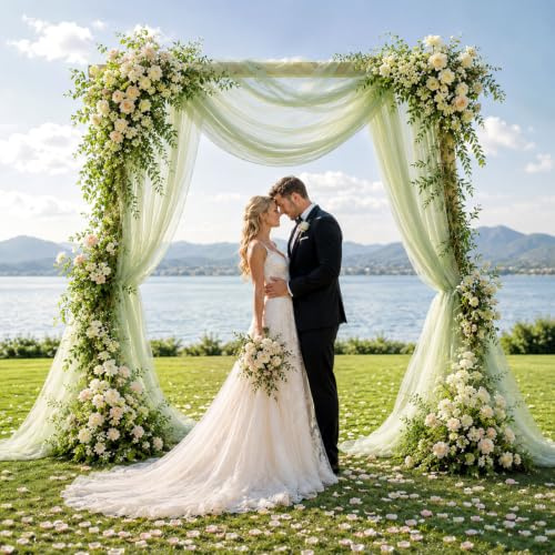 VUTYNKO 2 stycken bröllopsgardin, 75 x 600 cm tyll bröllopsbåge gardiner salvia grön, best curl volang gardin bakgrund tvärhängande dekoration för bröllop födelsedagsfest ceremoni fotografi
