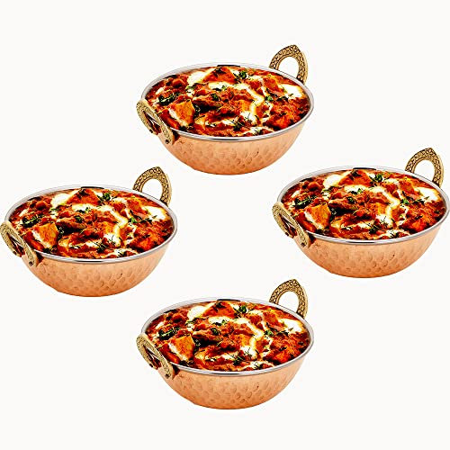 EVOKK Set of 4 Pure Copper Hammered Balti Dish Serving Bowls for Indian Curry Dishes & Rice
