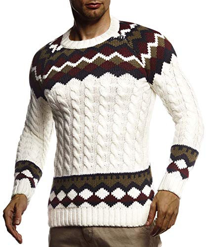 Leif Nelson Herren Strickpullover Norwegerpullover Pullover mit Rundkragen Winterpullover Männer Pulli für Weihnachten Winter Norweger Muster Slim Fit Crew Neck LN20757 S Ecru