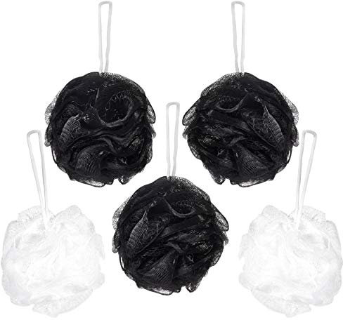 BRUBAKER Cosmetics - Fleur de bain & douche - Lot de 5 - Éponge exfoliante - Qualité supérieure - Nylon - Noir et Blanc