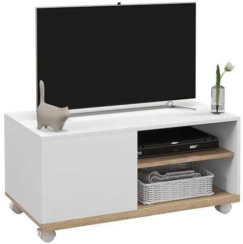 HOMCOM Mueble TV de Salón Moderno con Ruedas Mesa para Televisores de 42 Pulgadas Módulo TV con 1 Puerta y 2 Estantes de Almacenamiento 80x45x39,5 cm Blanco