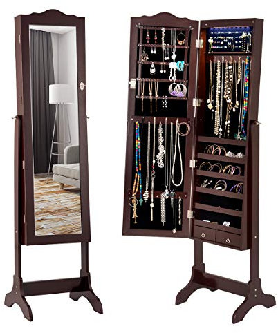 RELAX4LIFE Armoire à Bijoux sur Pied avec Miroir Réglable et Lumières LED, Porte Verrouillable avec Clé, 160 x 41,5 x 37CM, Blanc/Brun (Brun)