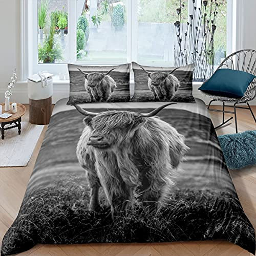 Hochlandkuh Bettwäsche Set Waldtier Bettbezug 200X200 Für Kinder Jungen Erwachsene Mann Longhorn Bull Rinder Tröster Abdeckung Rustikal Bauernhaus Tagesdecke Abdeckung Schlafzimmer Dekor 3 Stücke