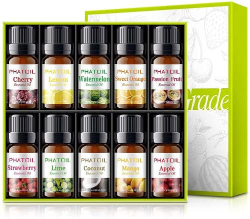PHATOIL Coffret Huiles Essentielles Fruitées pour Diffuseur 10 x 10 ml, Huiles Essentielles pour Aromathérapie Citron Vert Pomme Mangue Passion Fraise Pastèque Cerise Noix de Coco Citron Orange Douce