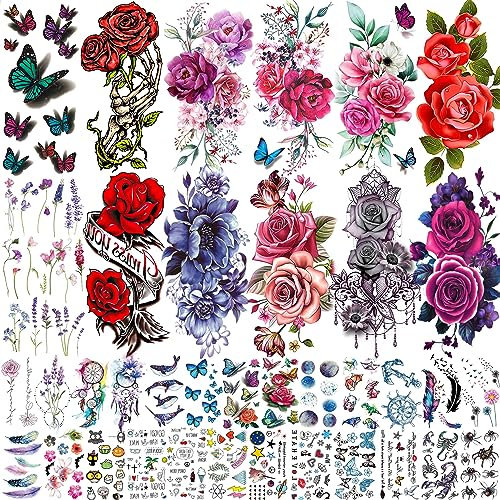 Shegazzi 38 Sheets Peony Rose Flower Temporary Tattoos For Women Adults Thigh, 3D Butterfly Lavander Fake Tattoos Girls Arm Sleeve, Realistic Watercolor Floral Temp Tattoo Sticker Finger Neck Tatoos