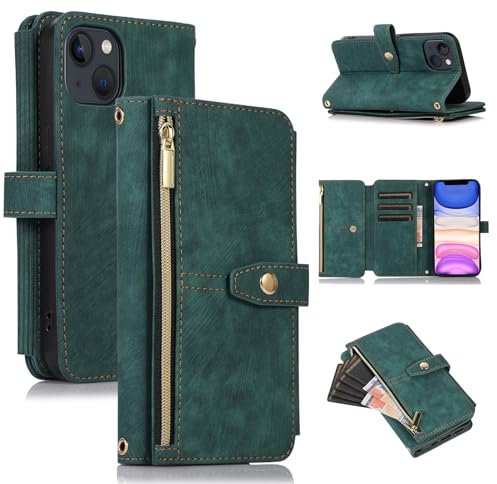 ZCDAYE Wallet Case for iPhone 11, Premium Leather Phone Case Women Ladies Holster with Card Slots Wrist Strap Zipper Flip Phone Cover for iPhone 11 (6.1 inches), Green