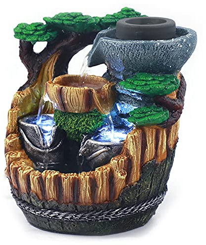 LED Beleuchtung Zimmerbrunnen mit Pflanzen, 21x13x25cm LED Wasserfall Tischbrunnen Desktop Steingarten Ornament Feng Shui Zen Brunnen Tischbrunnen Ornamente