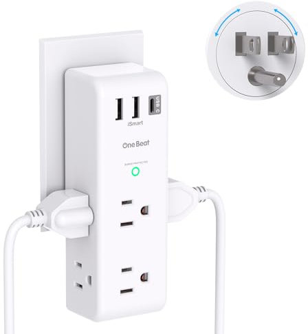 Extensor de toma de protección contra sobretensiones, con enchufe giratorio, 6 tomas de corriente alterna con 3 puertos USB (1 USB C), cargador de pared 1800J, tira de alimentación de 3 lados con