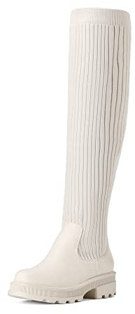 DREAM PAIRS Stivali sopra Il Ginocchio da Donna Moda Boots Stivali Alti alla Coscia Fusto Lavorato a Maglia TPR Durevole,Size 38,Beige,SDOB2201W-E
