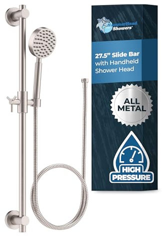 All Metal 27.5 Inch Shower Slide Bar Set and Handheld Shower Head with Hose — Brushed Nickel — 2.5 GPM High Pressure Spray Wand — Easily Adjust Height & Angle of Handshower