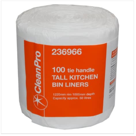 CleanPro 100 Tie Handle Tall Kitchen Bin Liners | Approx 100 per Case| Case of 1