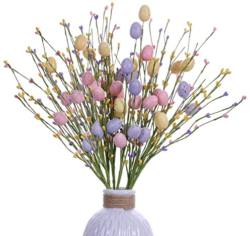 VioletEverGarden Osterspieße, künstliche Eierstiele mit Beeren, für Osterdekoration und Blumenarrangement, 6 Stück (Rosa/Violett/Gelb)