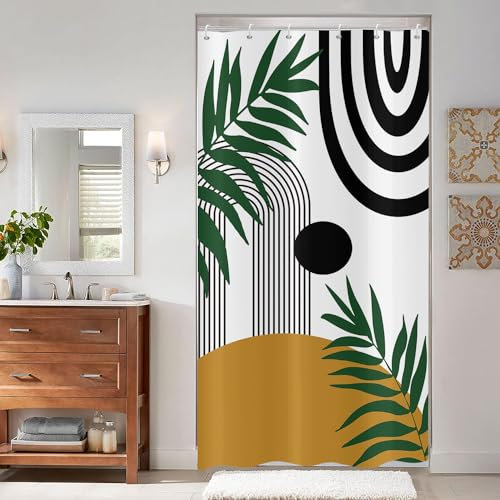 ASDCXZ Tenda da doccia 90 x 180 cm, stile boho, moderna arte astratta sole foglie verdi linea bagno lavabile tenda da doccia in poliestere impermeabile tenda da doccia per vasca da bagno con 6 ganci