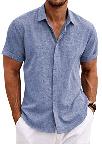 COOFANDY Men's Linen Shirt Casual Shirts Short Sleeve Shirts Button Down Linen Beach Shirts for Men Summer Outfit Denim Blue