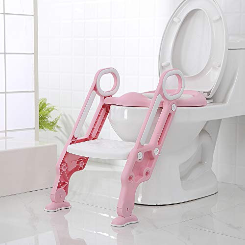 Siège de Toilette pour Enfants Pliable Et Réglable, Siège de Toilette échelle marches avec Marches Larges et Antidérapantes, Lunette de Toilette Rembourré Confortable-poudre + blanc