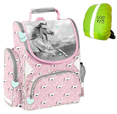 Goldkids Schulrucksack Schulranzen Pferd Horse Motiv ergonomischer Ranzen Tornister Rucksack Schulltasche Mädchen inkl. Regenschutz