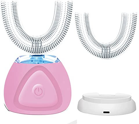 Elektrische Ultraschall Zahnbürste 360 ° Automatische Zahnbürste Vollautomatisch U-förmige Intelligente Reinigung Kinderzahnbürste Sonic Zahnbürste Kabelloses mit 1 Ersatzköpfen (Rosa)