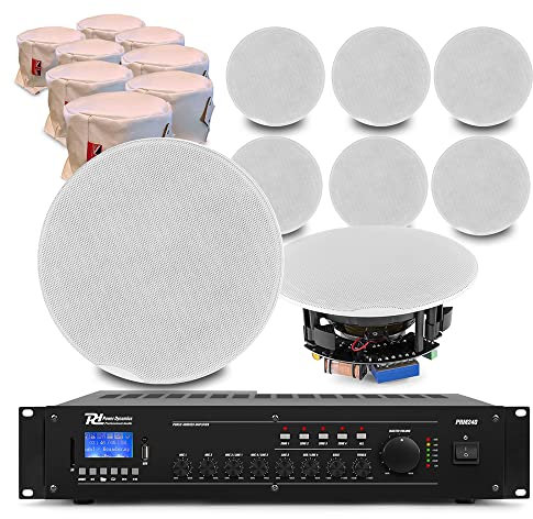 Power Dynamics Commercial Ceiling Speaker System with Amplifier, 8x FCS6 6.5 Ceiling Speakers, Bluetooth Mixer Amp, Fire Hoods & Speaker Cable - Background Music System for Restaurants & Shops
