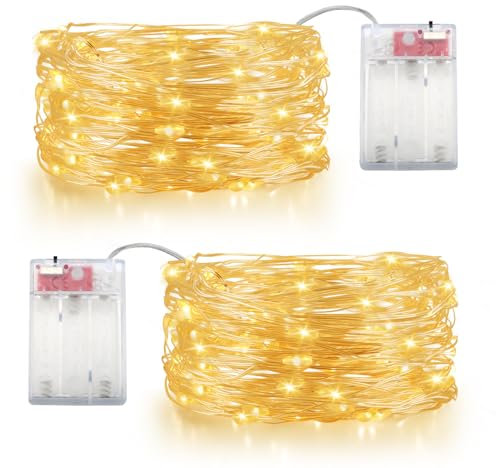 OWill Luces led pilas,2PCS 10 Metros 100 LED Guirnalda luces interior,luces de navidad,luces arbol navidad,luces habitacion,fairy lights para navidad decoración,terraza, pared,cortina(Blanco cálido)