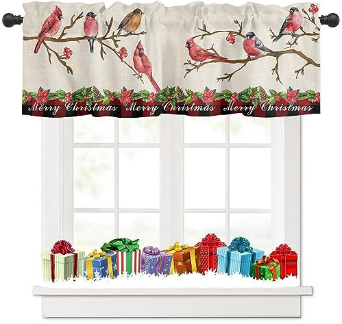 Tokusyou Scheibengardine Kurz Gardinen Vorhang für Küche Landhausstil Vögel Blumen Muster Weihnachten Deko Der Blickdicht Bistrogardinen für Schlafzimmer Wohnzimmer B 137 × H 45 cm