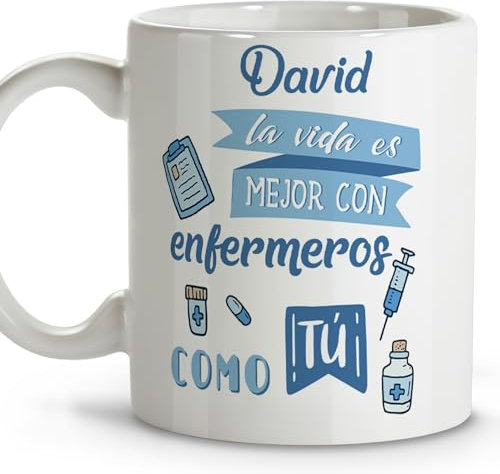 Detalles compañeros de trabajo. Tazas personalizadas con nombre. Tazas originales para regalar. Regalos originales para enfermeras. Taza cerámica 330 ml.