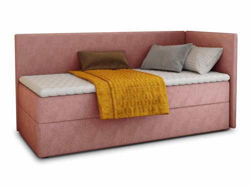 Sofnet Boxspringbett Flame mit Bettkasten - Einzelbett mit Bonell-Matratze und Topper, Polsterbett, Universelle Bettseite, Bett, Schlafzimmer, Kinderzimmer (Pink (Kronos 29), 90 x 200 cm)