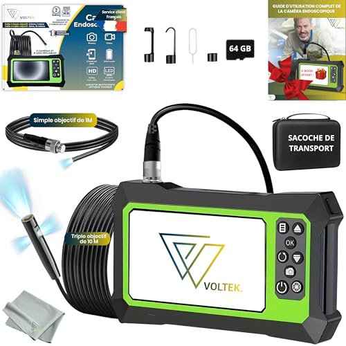 VOLTEK | Caméra Endoscopique 1080p HD Triple/Simple Objectif 8mm/3.9 avec 2 Câbles 10m/1m | SD 64GO | LED Réglables | Écran Orientable | Sacoche & E-Book Offert | Inspection Canalisations & Endoscope