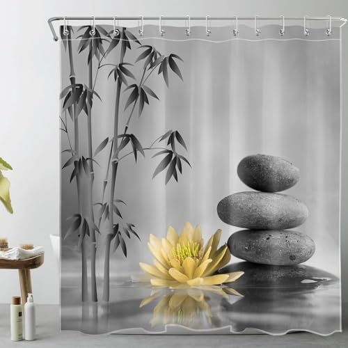 LB Bambou Zen Rideaux de Douche 180x200cm(LxH) Fleurs Jaunes Pierres Grises Rideaux de Bain avec Crochets, Spa de Jardin Japonais Extra Longue Imperméable Polyester Anti Moule Salle de Bain Décor