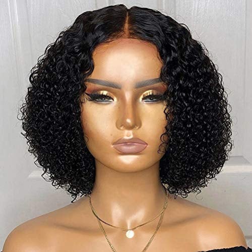 Msiud Short Curly Human Hair Wig, Glueless Afro Kinky Bob with Deep Lace Front, Breathable Elastic Band, Ready to Wear, Bob Curly Wigs, Natural Black(8 Inch)(Black)