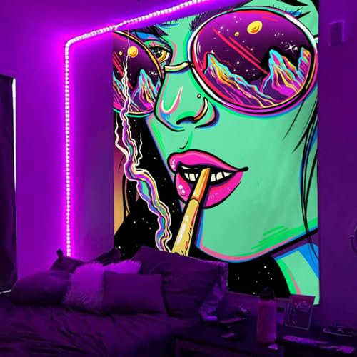 Schwarzlicht Cool Girl Fantasy Wandteppich UV Reaktiv Wandbehang Ästhetisch Trippy Wandteppiche Glühen im Dunkeln für Schlafzimmer Ästhetische Raumdekoration(Style7,200 * 150cm)