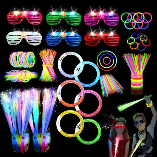 118PCS Glow in the Dark Party Supplies, Glow Sticks Bulk Party Pack, 6PCS Glow Fibre Optic Wands, 6PCS LED Glasses, 6PCS Glow Bracelets and 100PCS Glow Sticks for Neon Party Decorations, Wedding