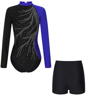 Fldy Damen Gymnastikanzug Langarm Mit Kurze Hose Glitzer Strass Turn Trikotanzug Ballett Leotard Tanzshorts Set Wettbewerb Tanzkostüm Königsblau M